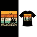 Halloween retro color T-shirt design with a dead tree silhouette. Halloween fashion wear design with a graveyard, haunted house, Royalty Free Stock Photo