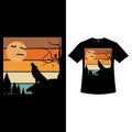 Halloween retro color T-shirt design with a howling wolf. Halloween fashion wear design with a wolf and moon, bat, and dead tree Royalty Free Stock Photo