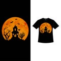 Halloween retro color T-shirt design with a moon shape and a haunted house with gravestones. Halloween scary T-shirt design with Royalty Free Stock Photo