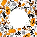Halloween Round frame with black orange Pumpkins, candle, witch hat, bat, spider, cobweb. Hand drawn autumn vector Royalty Free Stock Photo