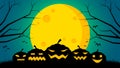 Halloween`s day background - Pumpkins on ground front the moon
