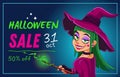 Halloween sale advertising banner. Smiling witch with a magic wand. Vector illustration
