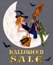 Halloween sale background with witch and moon