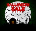 Halloween sale background with zombies at a cemetery