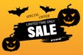 Halloween sale banner with black pumpkin and flying bets on bright orange background, special offer limited time only sale up to Royalty Free Stock Photo