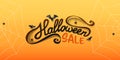 Halloween Sale banner with calligraphy text, paper bats, spiders, spiderwebs. Hand drawn lettering.