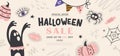 Halloween sale banner with cute elements.Background with funny boogeyman, puck, pumpkins, candy and others.Vector