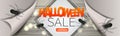 Halloween sale banner design. Advertisement idea for 31 October holiday event with spiders, pilling off paper and glowing light Royalty Free Stock Photo