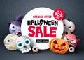 Halloween sale banner design. Halloween special offer discount text with scary and spooky cute character