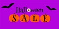 Halloween sale banner. Flat vector illustration with pumpkins, eye, bats. Awesome design for festive promo, special offer