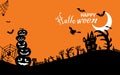 Halloween sale banner horizontal. Holiday promotion banner with flying ghost, ghost, black spider and bat, scary pumpkin, zigzag a