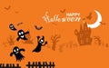 Halloween sale banner horizontal. Holiday promotion banner with flying ghost, ghost, black spider and bat, scary pumpkin, zigzag a