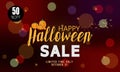 Halloween Sale banner with lettering and detailed engraving background. Pumpkin, witch hat, skull, cat hand drawn elements. Royalty Free Stock Photo