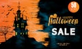 Halloween Sale banner with lettering and detailed engraving background. Pumpkin, witch hat, skull, cat hand drawn elements.