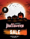 Halloween Sale banner with lettering and detailed engraving background. Pumpkin, witch hat, skull, cat hand drawn elements. Royalty Free Stock Photo