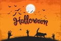 Halloween Sale banner with lettering and detailed engraving background. Pumpkin, witch hat, skull, cat hand drawn elements. Royalty Free Stock Photo