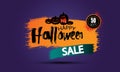 Halloween Sale banner with lettering and detailed engraving background. Pumpkin, witch hat, skull, cat hand drawn elements. Royalty Free Stock Photo