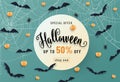 Halloween sale banner, party invitation concept background. Holiday design with bats, spider, cobweb, pumpkin, lettering Royalty Free Stock Photo