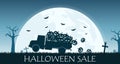 Halloween sale banner with truck carry smile pumpkin on the full moon background