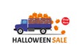 Halloween sale banner with truck carry smile pumpkin