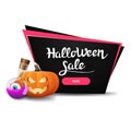 Halloween sale, black discount banner with pumpkin Jack and witch`s potion