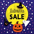 Halloween sale card. Full moon, bat, hat, evil pumpkin, ghosts for party. Royalty Free Stock Photo