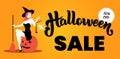 Halloween sale colorful vector banner template with attractive young witch, sitting on a pumpkin.