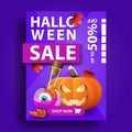 Halloween sale, creative vertical blue banner with autumn leafs, button, pumpkin Jack and witch`s potion