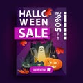 Halloween sale, creative vertical purple banner with autumn leafs, button, portal with ghosts and pumpkin Jack Royalty Free Stock Photo