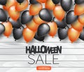Halloween sale design poster with black, white, and orange helium balloons over white paint wooden wall. Vector illustration for a