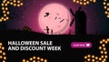 Halloween sale and discount week, horizontal discount banner for your business with pink night landscape with full moon, old mill