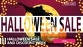 Halloween sale and discount week, horizontal pink creative discount banner with button, Scarecrow and pumpkin Jack