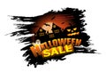 Halloween Sale elements design for poster or banner with castle and pumpkin. Holiday background with ghost and bats. Vector