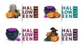Halloween sale, four discount banners with witch`s pot with beautiful icons