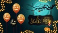 Halloween sale, horizontal dark discount banner with Halloween balloons, wooden board with 50% off sale