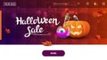 Halloween sale, horizontal discount banner for homepage website with purple polygonal texture, pumpkin Jack and witch`s potion