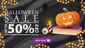 Halloween sale, horizontal gray discount banner in paper cut style with spell book and pumpkin Jack