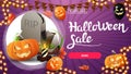 Halloween sale, horizontal purple discount banner with halloween balloons, pumpkin, garland, tombstone and pumpkin Jack