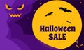 Halloween sale - illustration in purple, yellow and orange colors, with clouds of fog, stars, bats on the background of the moon Royalty Free Stock Photo