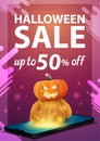 Halloween sale, modern pink vertical banner with the smartphone from which it is projected Teddy bear with Jack pumpkin head