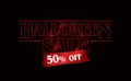 Halloween Sale 50% off text logo, Red glow text on black background. 80`s style, eighties design.