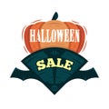 Halloween Sale offer design template. Vector illustration with flying title and pumpkin. Isolated illustration.