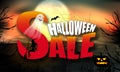 Halloween sale over full moon background glow decoration with spider web and ghost, young witch and bat, pumpkin. Vector