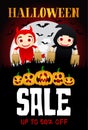 Halloween Sale poster with funny scary pumpkins. Funny kids in Halloween costumes devil and grim Reaper. Halloween sale banner des Royalty Free Stock Photo