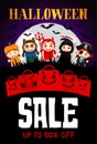 Halloween Sale poster with scary funny packages. Funny kids in Halloween costumes. Halloween sale banner design with 50 Discount Royalty Free Stock Photo