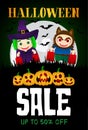 Halloween Sale poster with funny scary pumpkins. Funny kids in Halloween costumes witch and werewolf. Halloween sale banner design Royalty Free Stock Photo