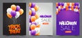 Halloween sale poster. Trick or treat flyer design. Orange, purple, white ballons. Holiday invitation set. Royalty Free Stock Photo