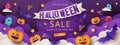 Halloween Sale Promotion banner with cutest pumpkins, bats and ghosts in night clouds on violet background Royalty Free Stock Photo