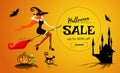 Halloween sale promotion poster, banner with a beautiful redhair witch flying on a broomstick, a black cat and dark castle