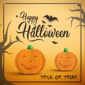 Halloween Sale Promotion Poster with  paper elements like pumpkins, bats, spiders, trees and raven on orange background Royalty Free Stock Photo